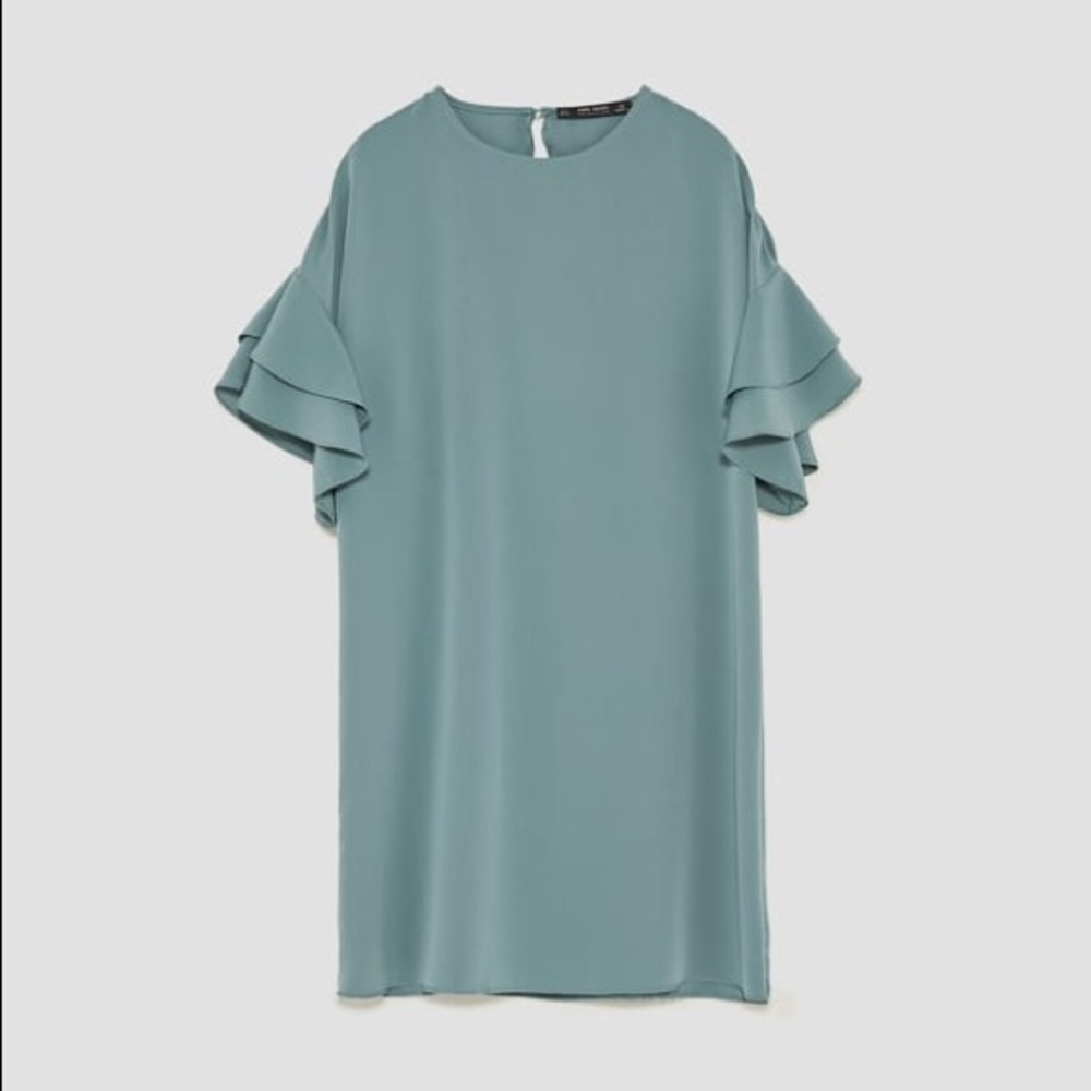 NWOT Zara Teal Crepe Frilled Sleeve Mini Dress - Picture 7 of 8